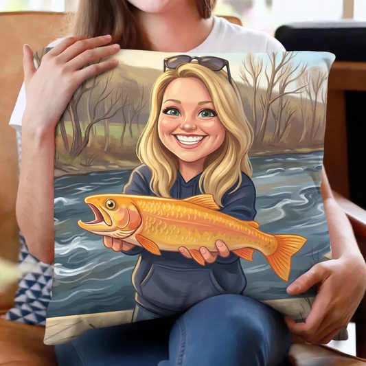 Custom Fishing Photo Caricature Art - Personalized Pillow