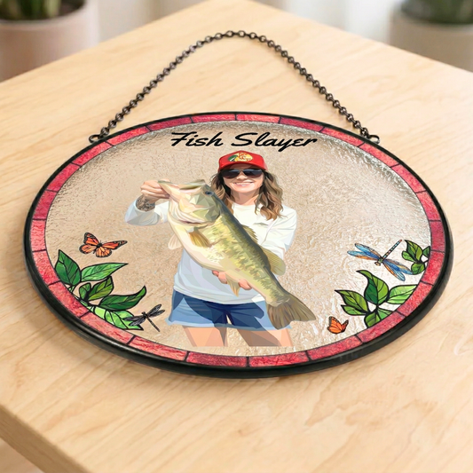 Custom Fishing Photo Potrait - Personalized Stained Glass Window Hanging Suncatcher