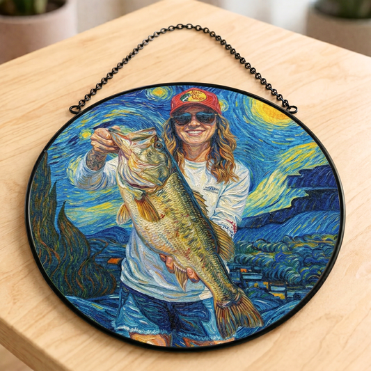 Custom Fishing Photo Starry Night Art - Personalized Stained Glass Window Hanging Suncatcher