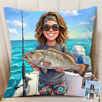 Custom Fishing Photo Caricature Art -  Personalized Pillow