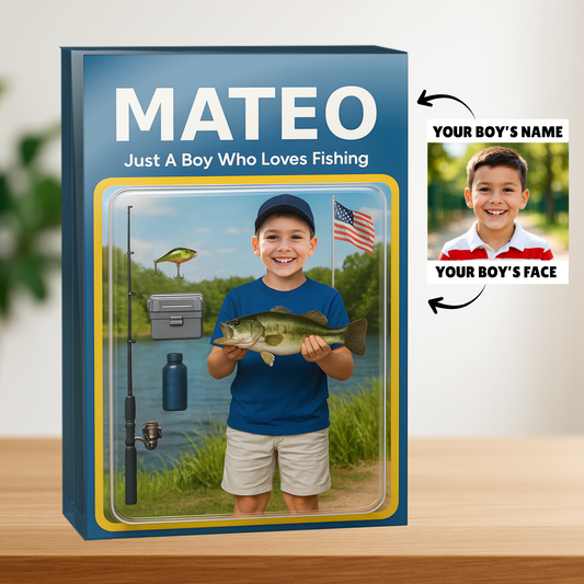 A Boy Loves Fishing - Custom Face & Name Acrylic Plaque