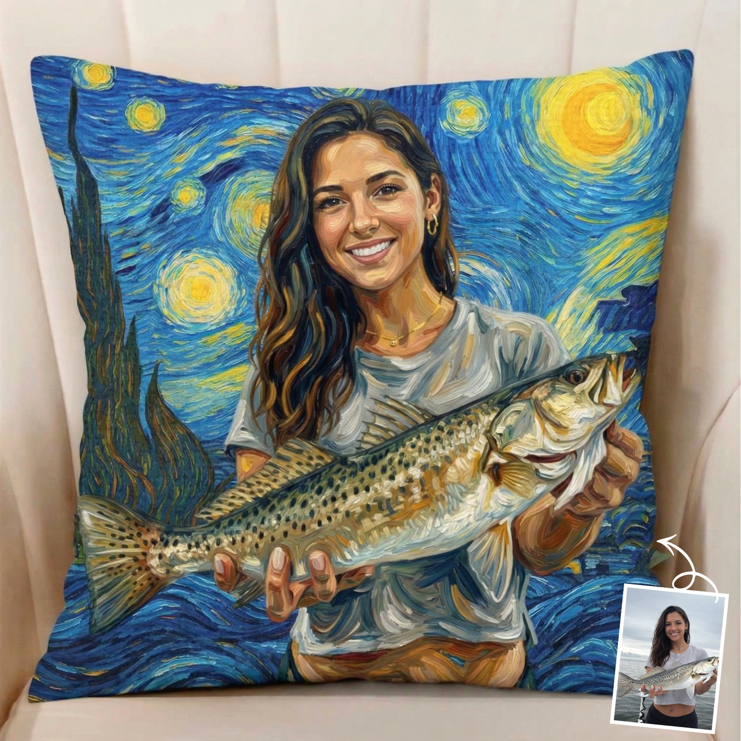 Custom Fishing Photo Starry Night Art -  Personalized Pillow