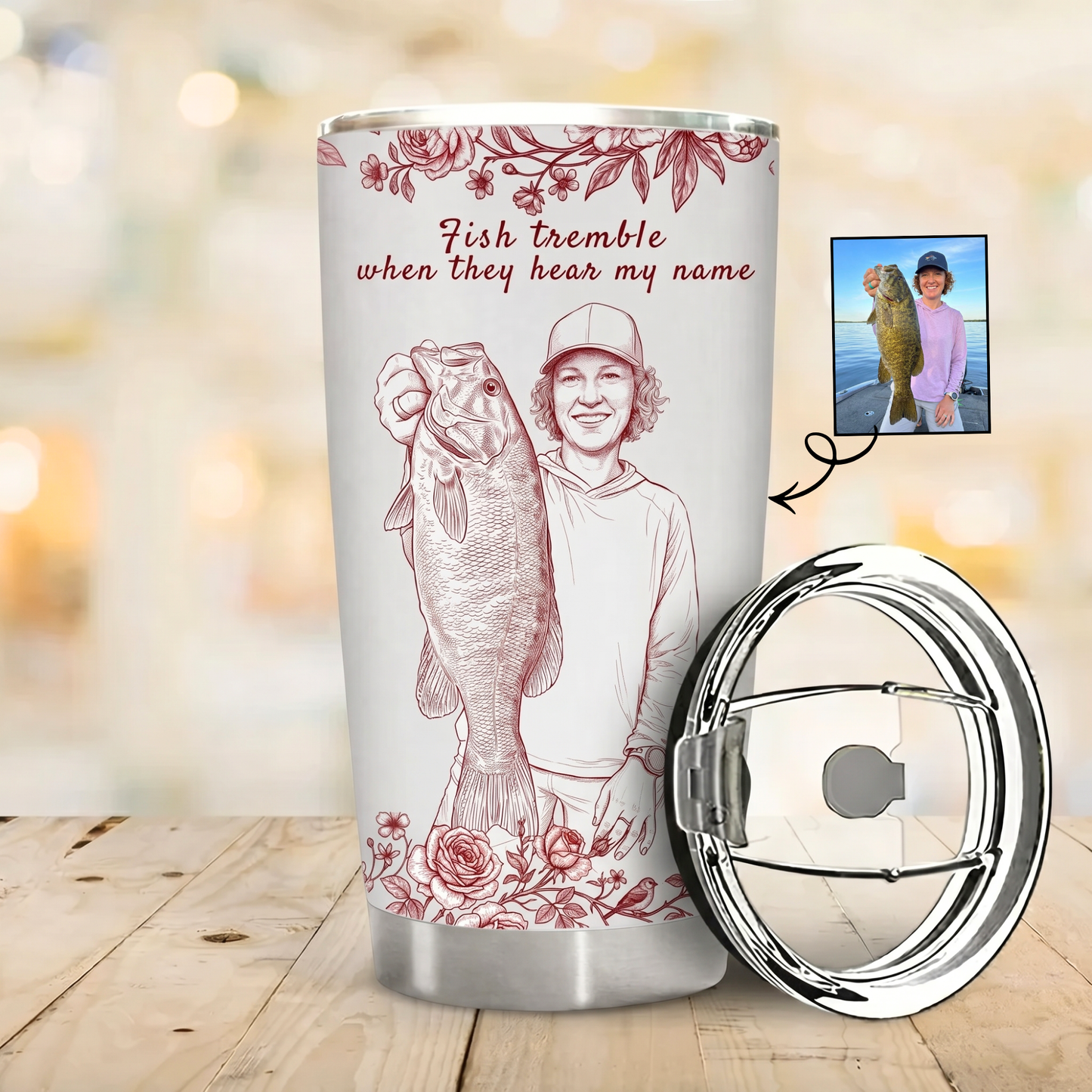 Custom Fishing Photo Pencil Sketch - Personalized Tumbler
