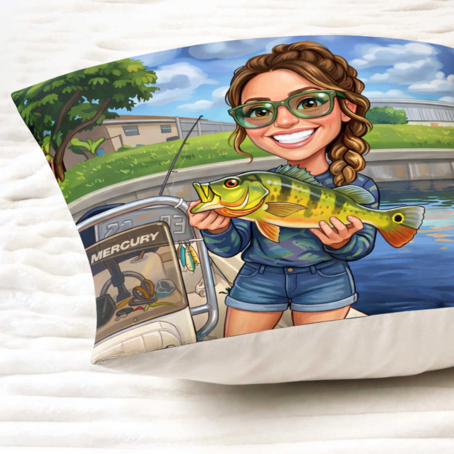 Custom Fishing Photo Caricature Art -  Personalized Pillow