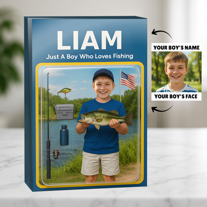 A Boy Loves Fishing - Custom Face & Name Acrylic Plaque