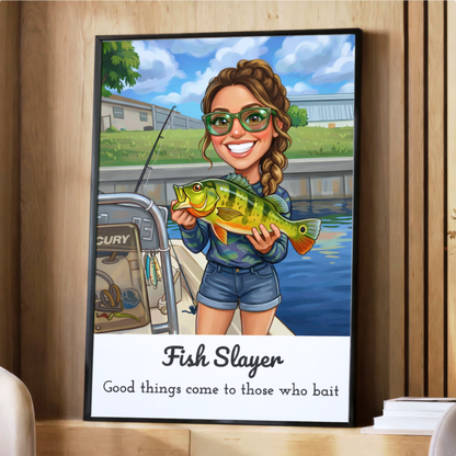 Custom Fishing Photo Caricature Art - Personalized Poster