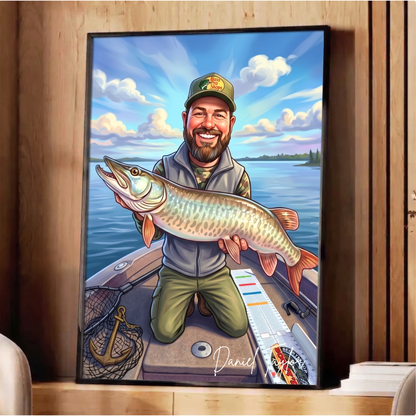 Custom Fishing Photo Caricature Art - Personalized Poster
