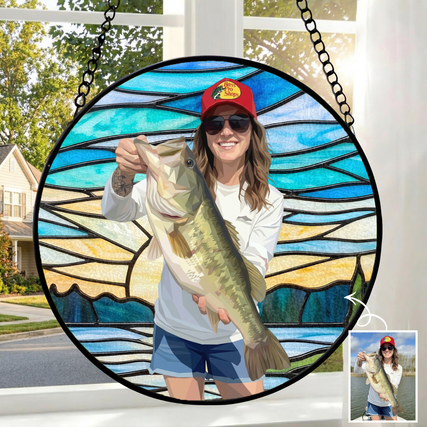 Custom Fishing Photo Potrait - Personalized Stained Glass Window Hanging Suncatcher