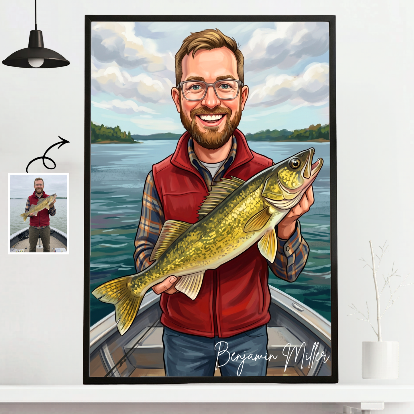 Custom Fishing Photo Caricature Art - Personalized Poster