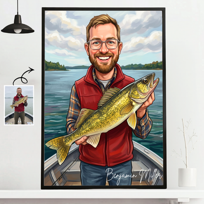 Custom Fishing Photo Caricature Art - Personalized Poster