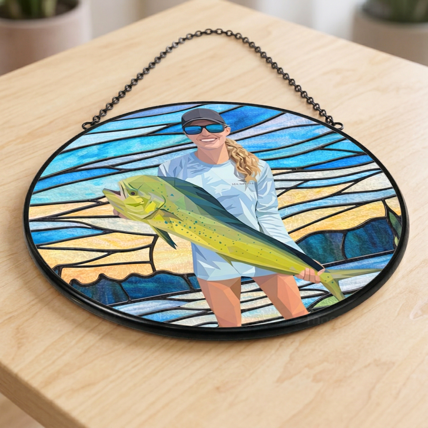 Custom Fishing Photo Potrait - Personalized Stained Glass Window Hanging Suncatcher