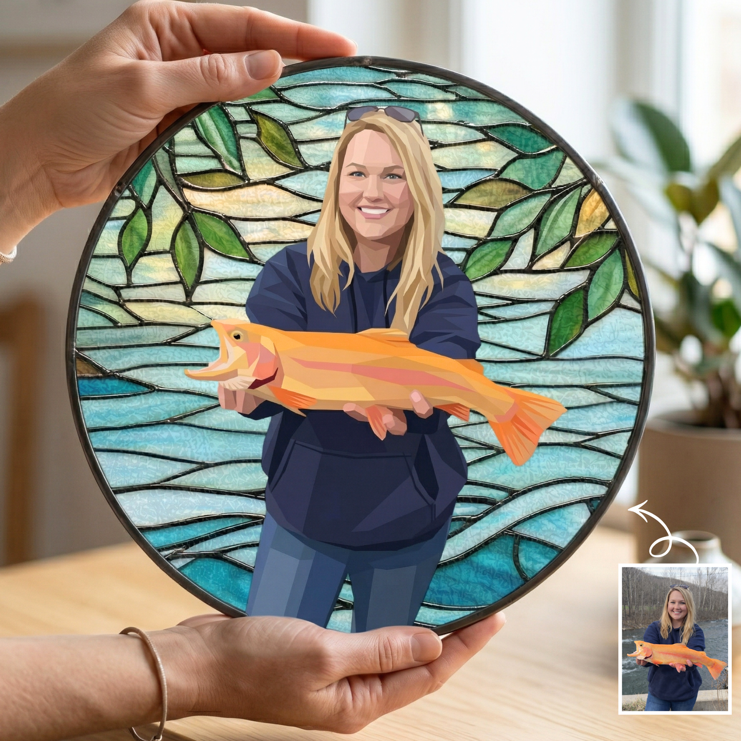 Custom Fishing Photo Potrait - Personalized Stained Glass Window Hanging Suncatcher