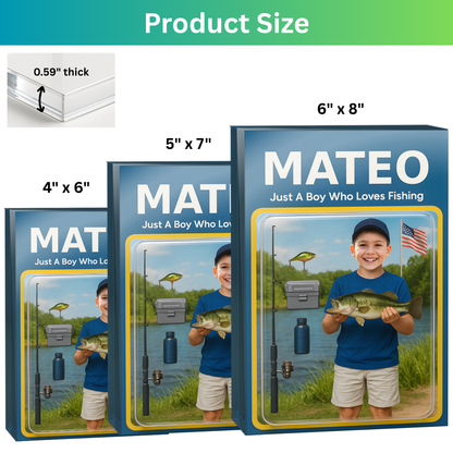 A Boy Loves Fishing - Custom Face & Name Acrylic Plaque