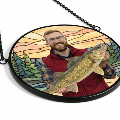 Custom Fishing Photo Potrait - Personalized Stained Glass Window Hanging Suncatcher
