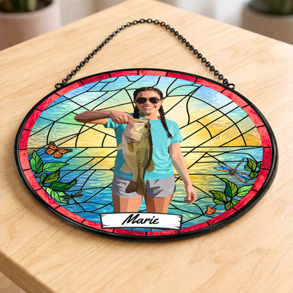 Custom Fishing Photo Potrait - Personalized Stained Glass Window Hanging Suncatcher
