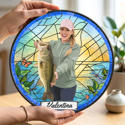 Custom Fishing Photo Potrait - Personalized Stained Glass Window Hanging Suncatcher