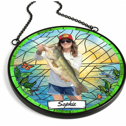 Custom Fishing Photo Potrait - Personalized Stained Glass Window Hanging Suncatcher