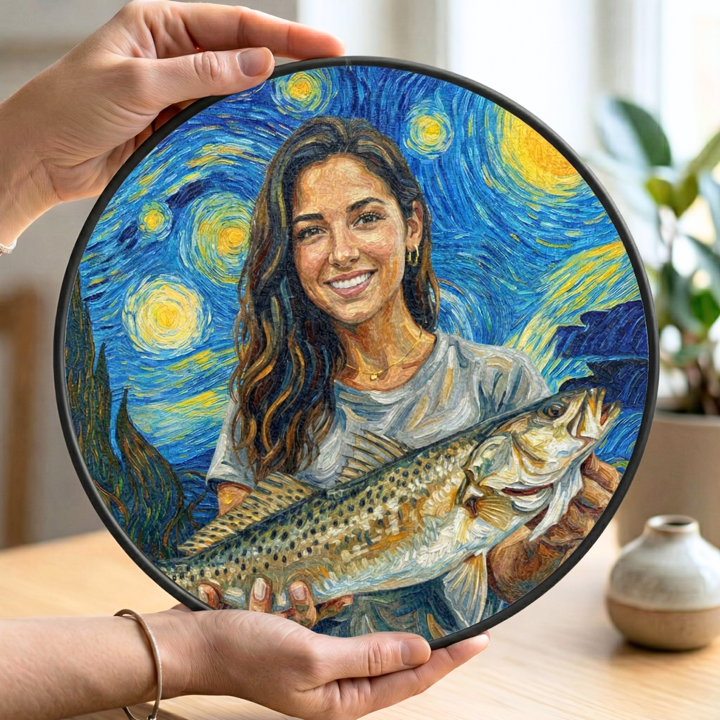 Custom Fishing Photo Starry Night Art - Personalized Stained Glass Window Hanging Suncatcher