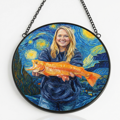 Custom Fishing Photo Starry Night Art - Personalized Stained Glass Window Hanging Suncatcher