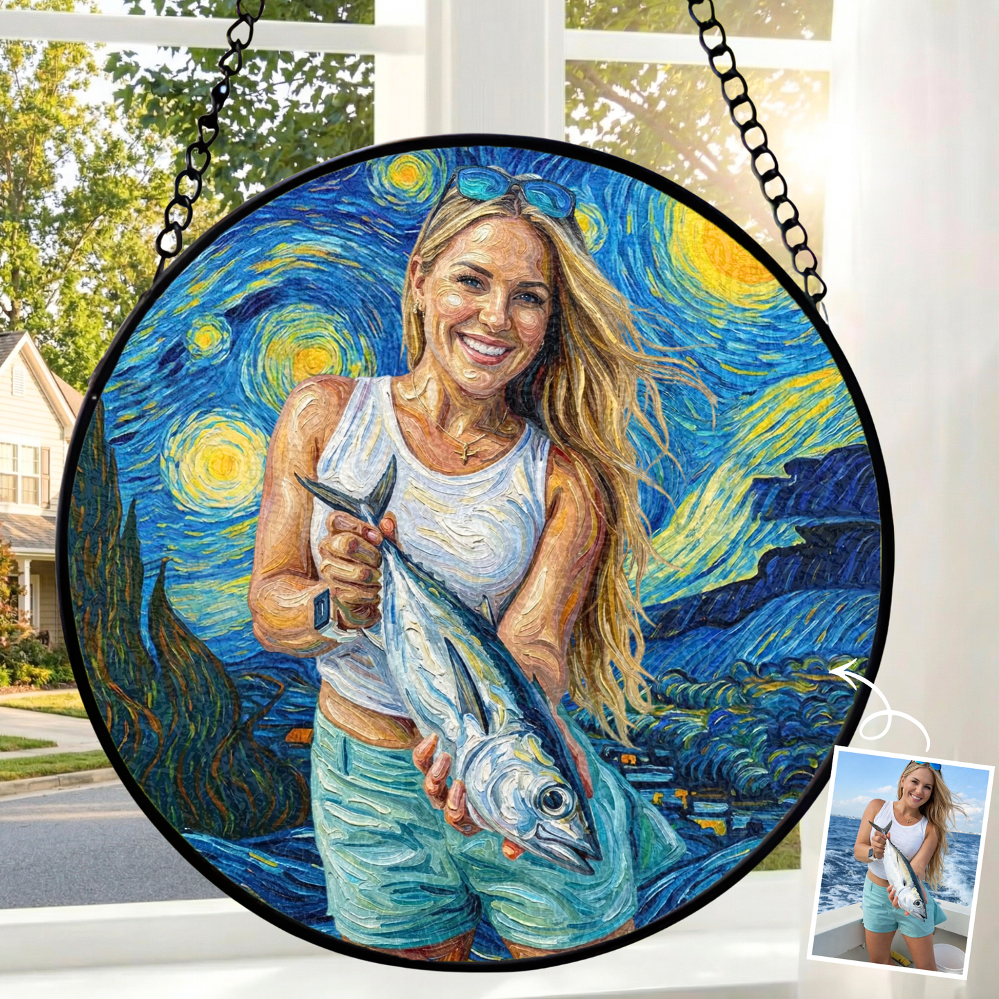 Custom Fishing Photo Starry Night Art - Personalized Stained Glass Window Hanging Suncatcher
